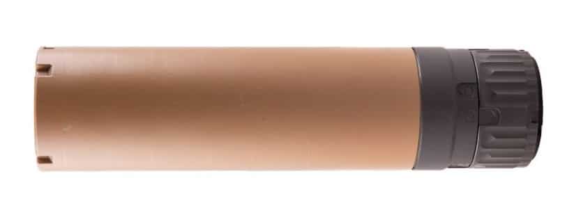 Tan and black cylindrical metal suppressor
