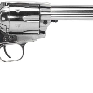 Silver revolver with wooden grip handle.