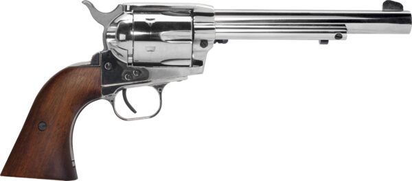Silver revolver with wooden grip handle.
