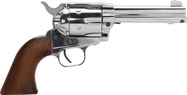 Chrome revolver with wooden grip, side view