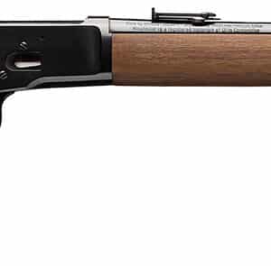Lever-action rifle with wooden stock and metal barrel.