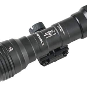 Black tactical flashlight with mounting bracket.