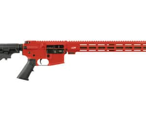 Red and black semi-automatic rifle side view.