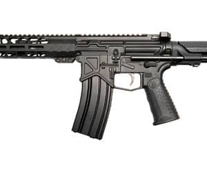 Black modern assault rifle isolated on white background.