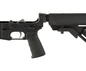 Black rifle lower receiver with adjustable stock.