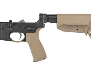 AR-15 lower receiver with tan grip and stock.