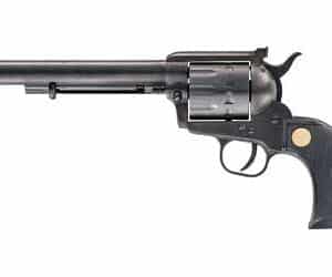 Black revolver with long barrel and textured grip.