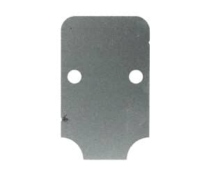 Metal bracket with two holes, white background.