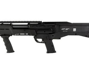 Black tactical shotgun with rail system.