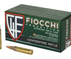Fiocchi ammunition box and rifle cartridges.