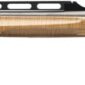 Wooden stock shotgun with black barrel side view.