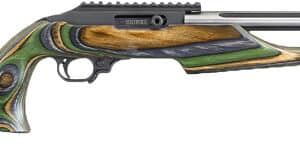 Colorful rifle with wooden stock and long barrel.