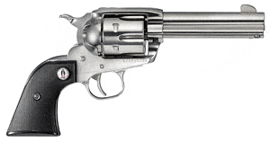 Silver revolver with black handle on white background.