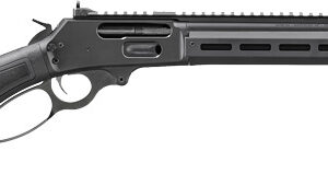 Lever-action rifle with synthetic stock and rail.