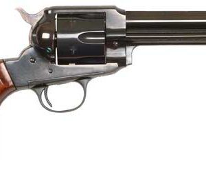 Vintage revolver with wooden grip and metal barrel.