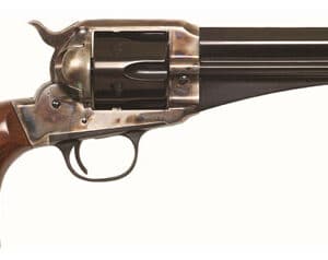 Colt revolver with wooden grip, side view.