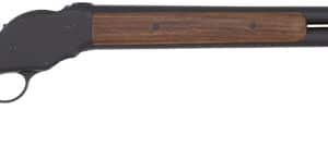 Lever-action shotgun with wooden stock and metal barrel.