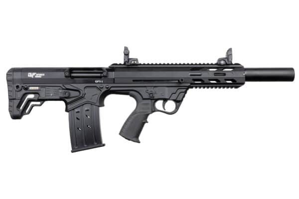 Black tactical bullpup shotgun, side view