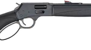Black lever-action rifle on white background.