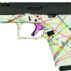 Colorful paint-splattered handgun on white background.