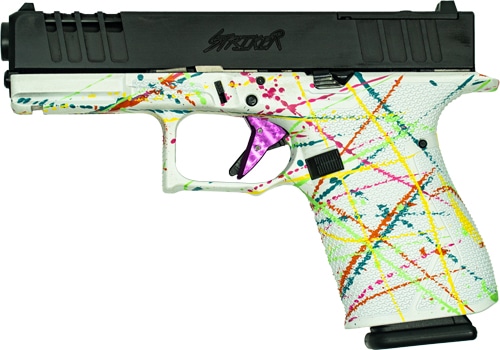 gl19swht left.jpg Colorful paint-splattered handgun on white background.