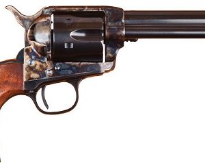 Classic revolver with wooden grip and dark barrel.
