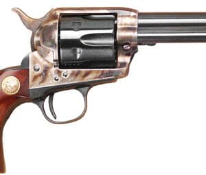 Single-action revolver with wood grip and smooth barrel.