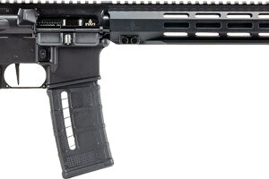 Black AR-15 rifle with magazine attached.