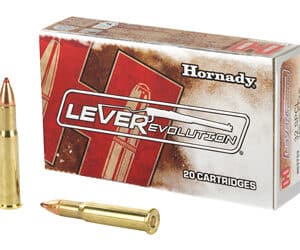 Hornady LEVERevolution ammunition box with cartridges.