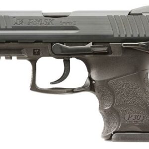 Black semi-automatic handgun, left side view.