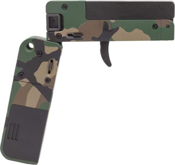 Green camo gun shaped like a letter P.