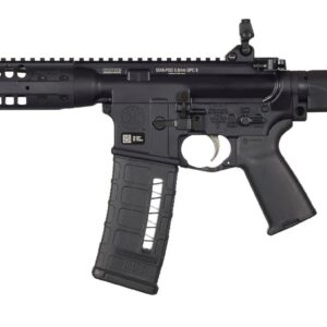 Black modern rifle with a tactical design.