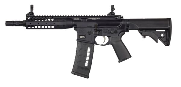 Black modern rifle with a tactical design.