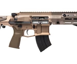Tan colored tactical firearm with accessories