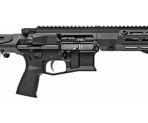 Tactical semi-automatic rifle in black profile view.