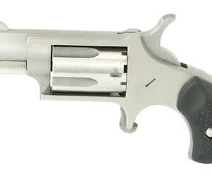Silver revolver pistol with black grip handle