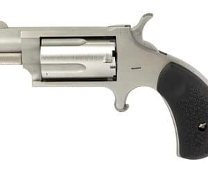 Silver revolver with black handle on white background.