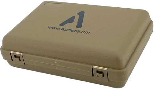 pr0005 pkg.jpg Brown carrying case with website logo audere.sm