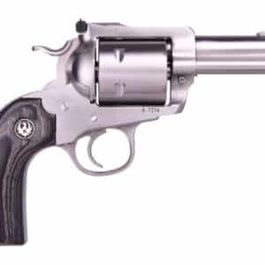 Silver revolver with wooden grip.