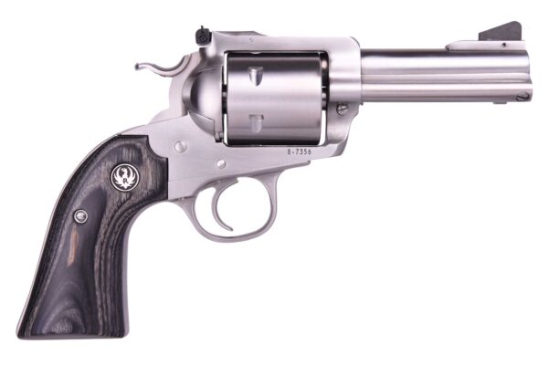 Silver revolver with wooden grip.