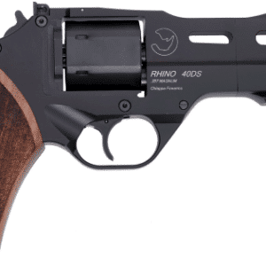 Black revolver with wooden grip handle.