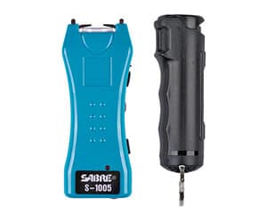 Blue stun gun and black pepper spray side by side.
