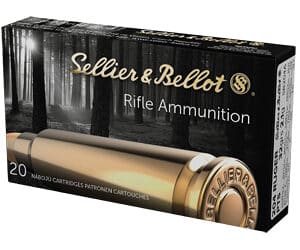 Sellier & Bellot rifle ammunition box, forest background