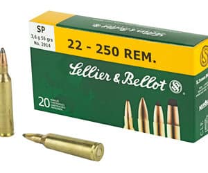 Sellier & Bellot 22-250 Remington ammunition box and bullets