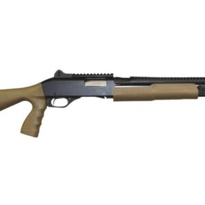 Tactical pump-action shotgun with tan stock and foregrip.