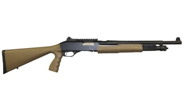 Tactical pump-action shotgun with tan stock and foregrip.