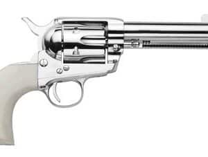 Silver revolver with white grip, side view.