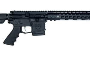 Black tactical rifle with ergonomic stock and rail system.