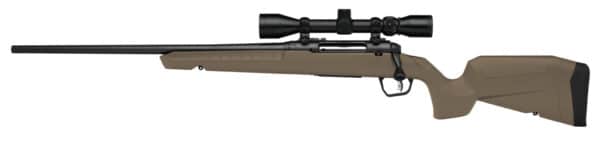 Bolt-action rifle with scope on white background.