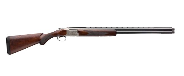 Over-under shotgun with detailed engravings and wooden stock.